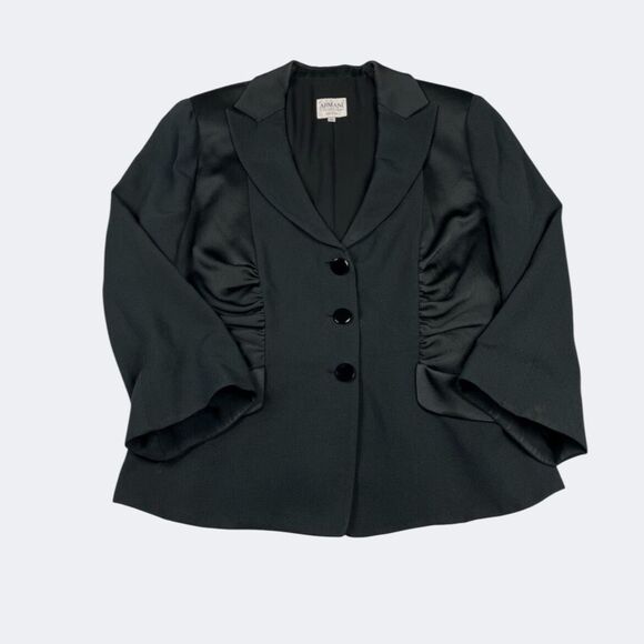Armani Collezioni Black Satin Trim Classic Blazer 12 Ruched 3/4 Sleeve Jacket - Picture 1 of 13